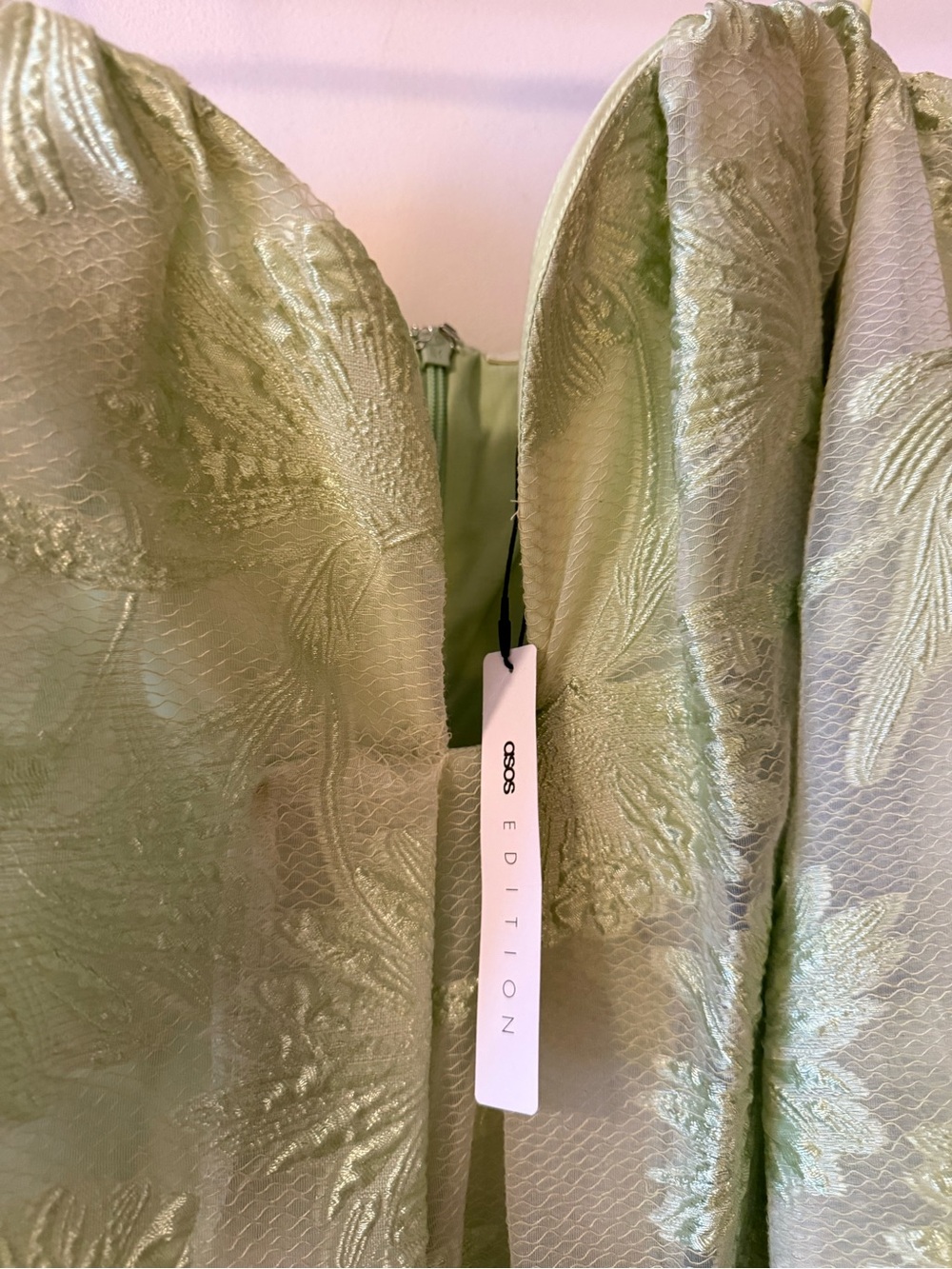 ASOS EDITION jacquard off the shoulder mini dress in light green - Picture 7 of 9
